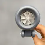 Handheld portable fan with gray circular head and protective grid, held by a person.